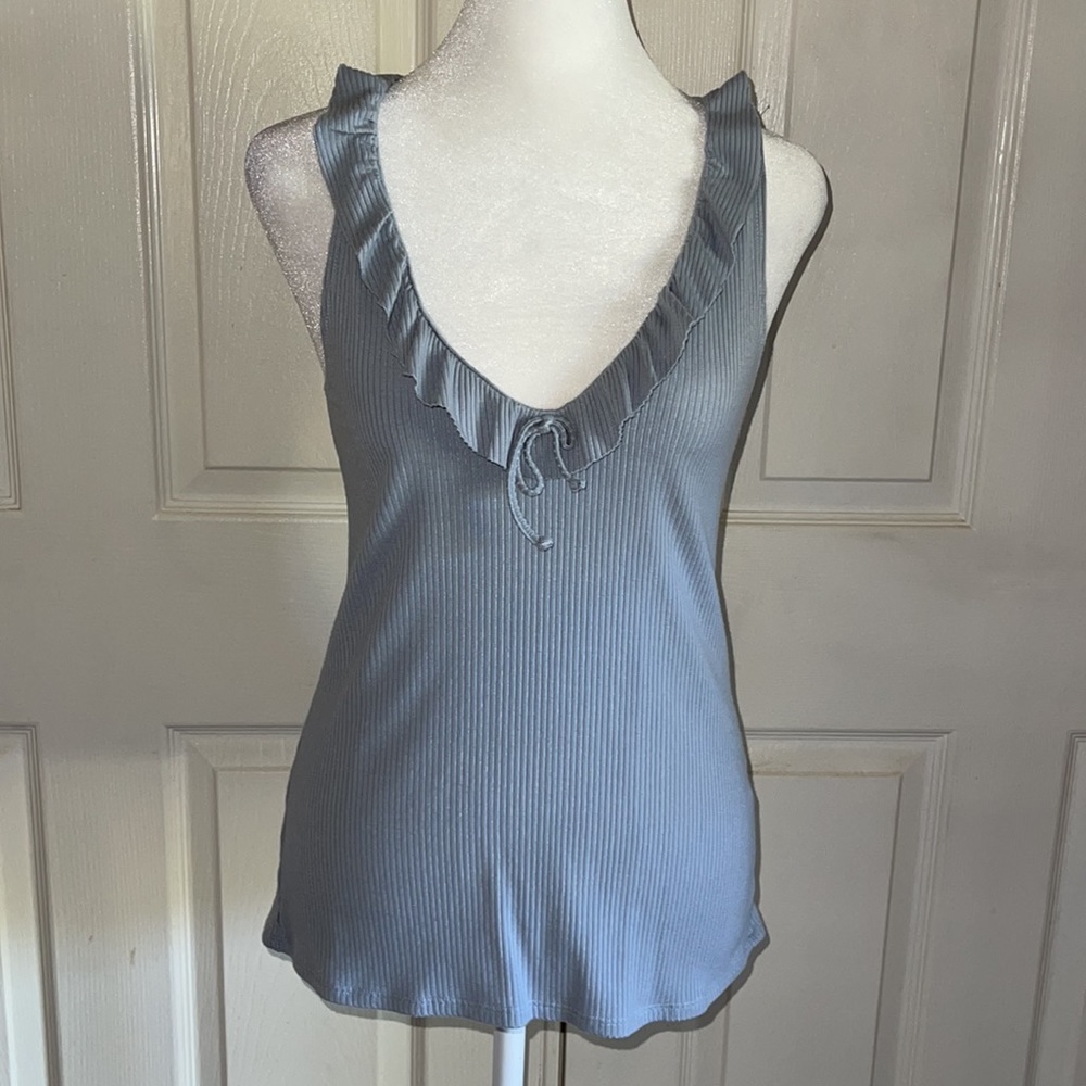 Reformation Blue Ribbed Ruffled Neckline Tank Top - Picture 2 of 7